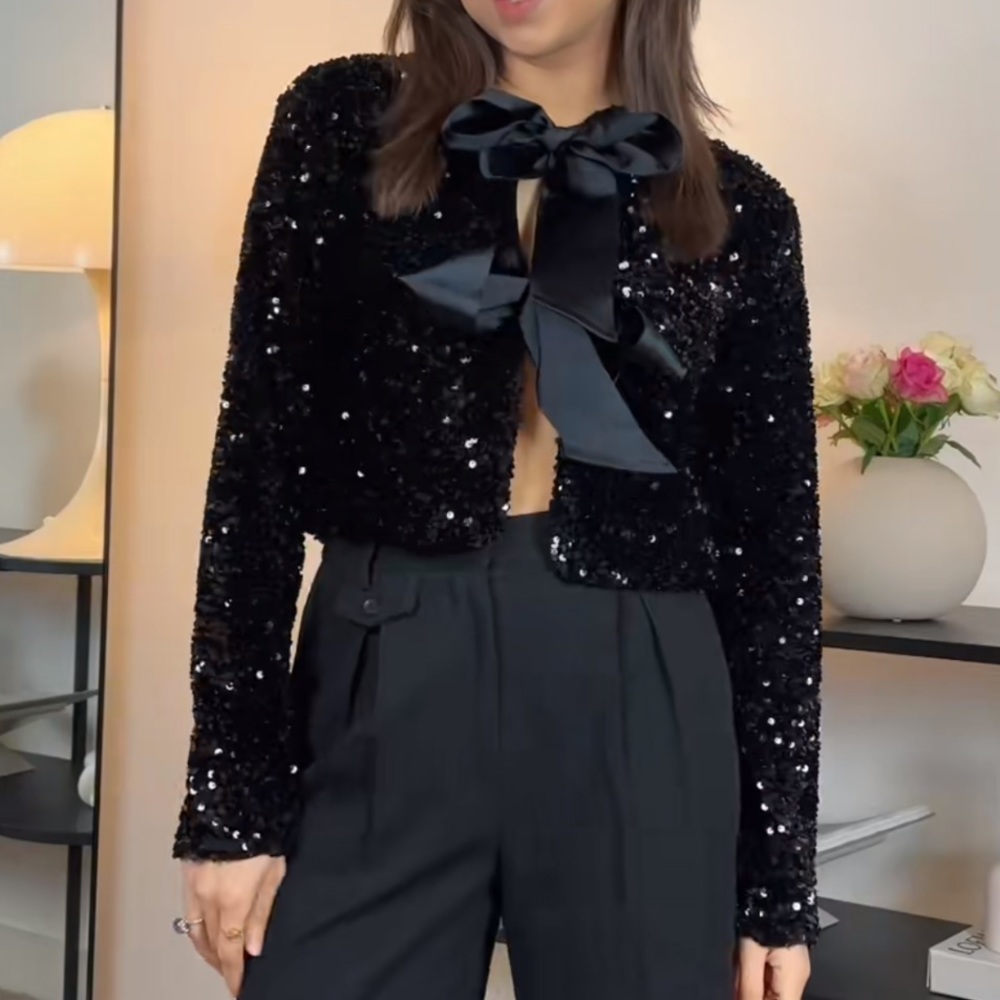🔥 H&M Tie-Front Sequined Jacket Black sz XS NWT FAST SHIPPING